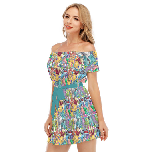 Monster Mayhem Sketched - Women's Off-shoulder Ruffle Dress