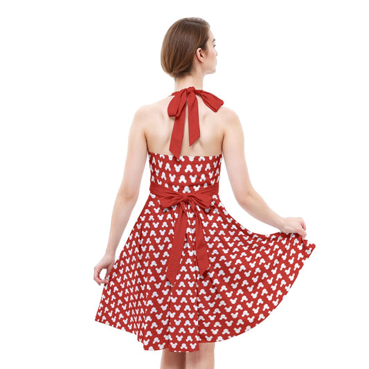 Playful Polka Dot Ears Red - Women's Halter Vintage Pocket Dress