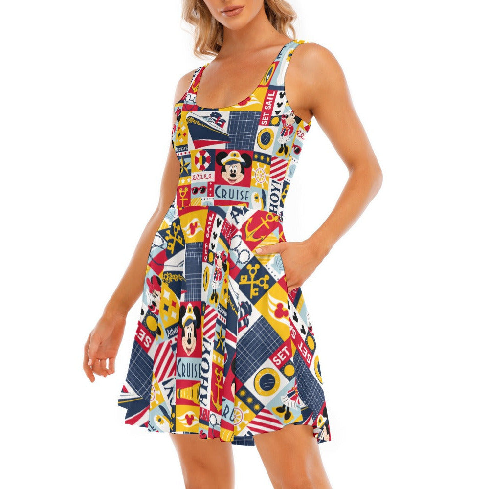 Nautical Cruise Patchwork - Women's Sleeveless Pocket Skater Dress