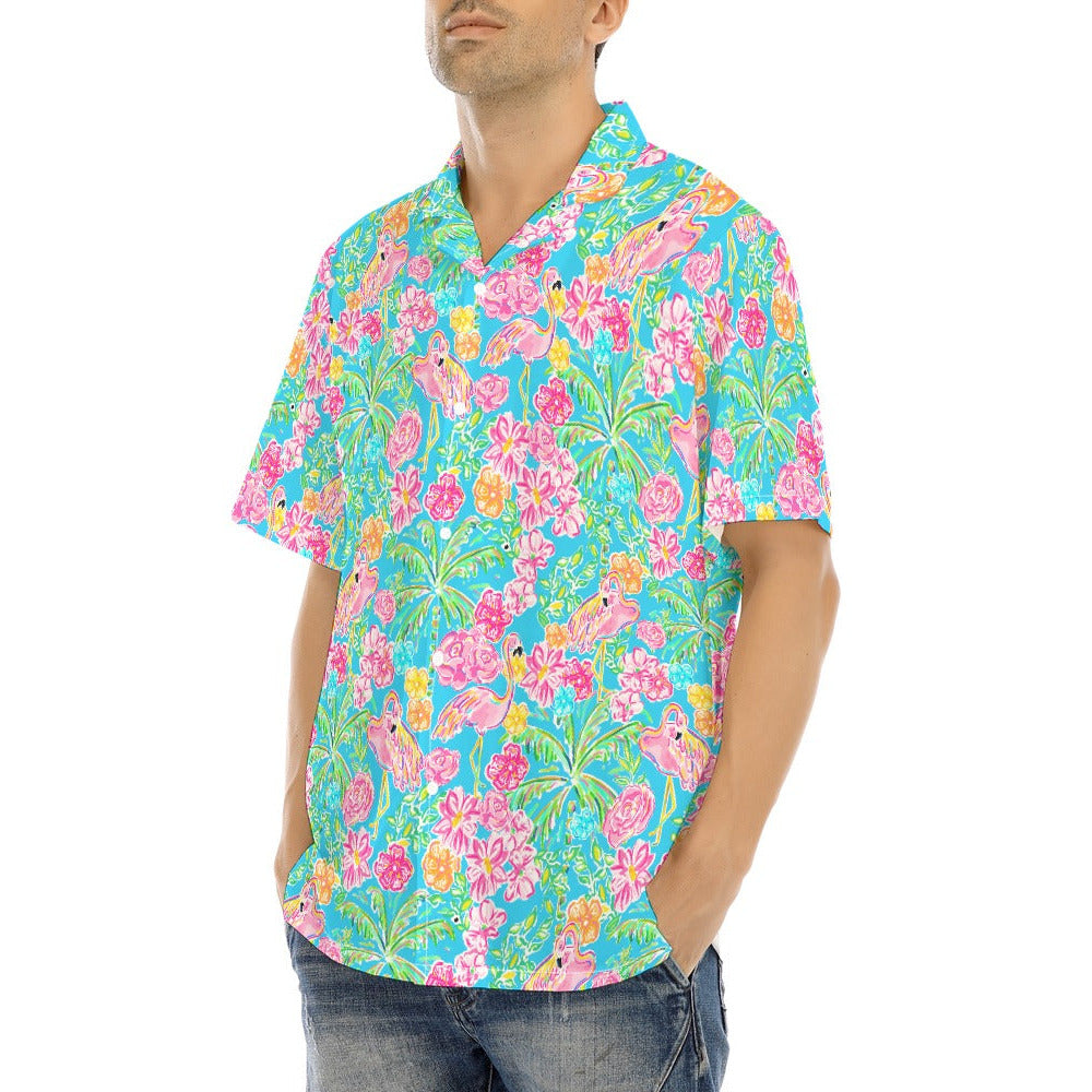 Flamingo Fiesta - Men's Hawaiian Button Up Shirt