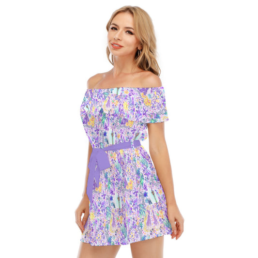 Bright Tropical Princess - Tower Light Festival - Women's Off-shoulder Ruffle Dress