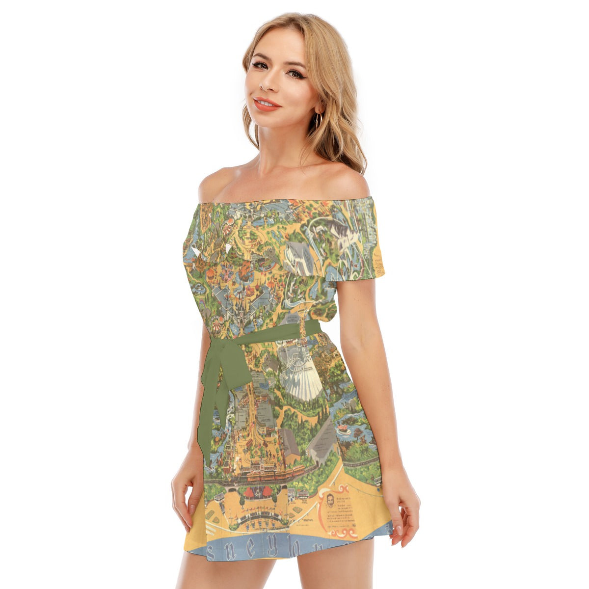 Vintage Theme Park Map - Women's Off-shoulder Ruffle Dress