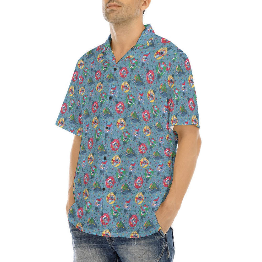 Holiday Baubles with Mischievous Blue Alien - Men's Hawaiian Button Up Shirt