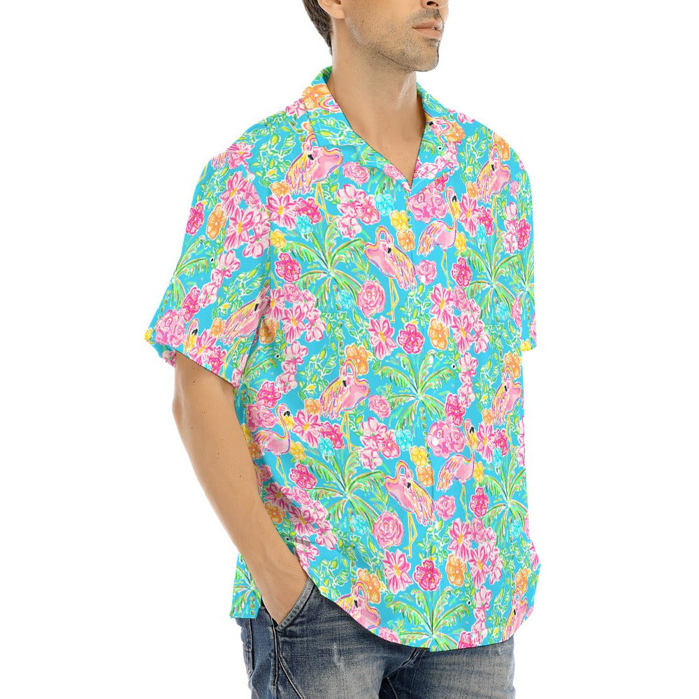 Flamingo Fiesta - Men's Hawaiian Button Up Shirt