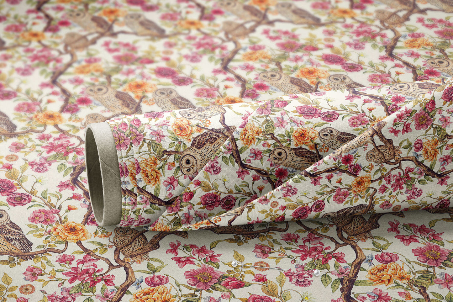 Pink Floral Owls - Digital Seamless Pattern