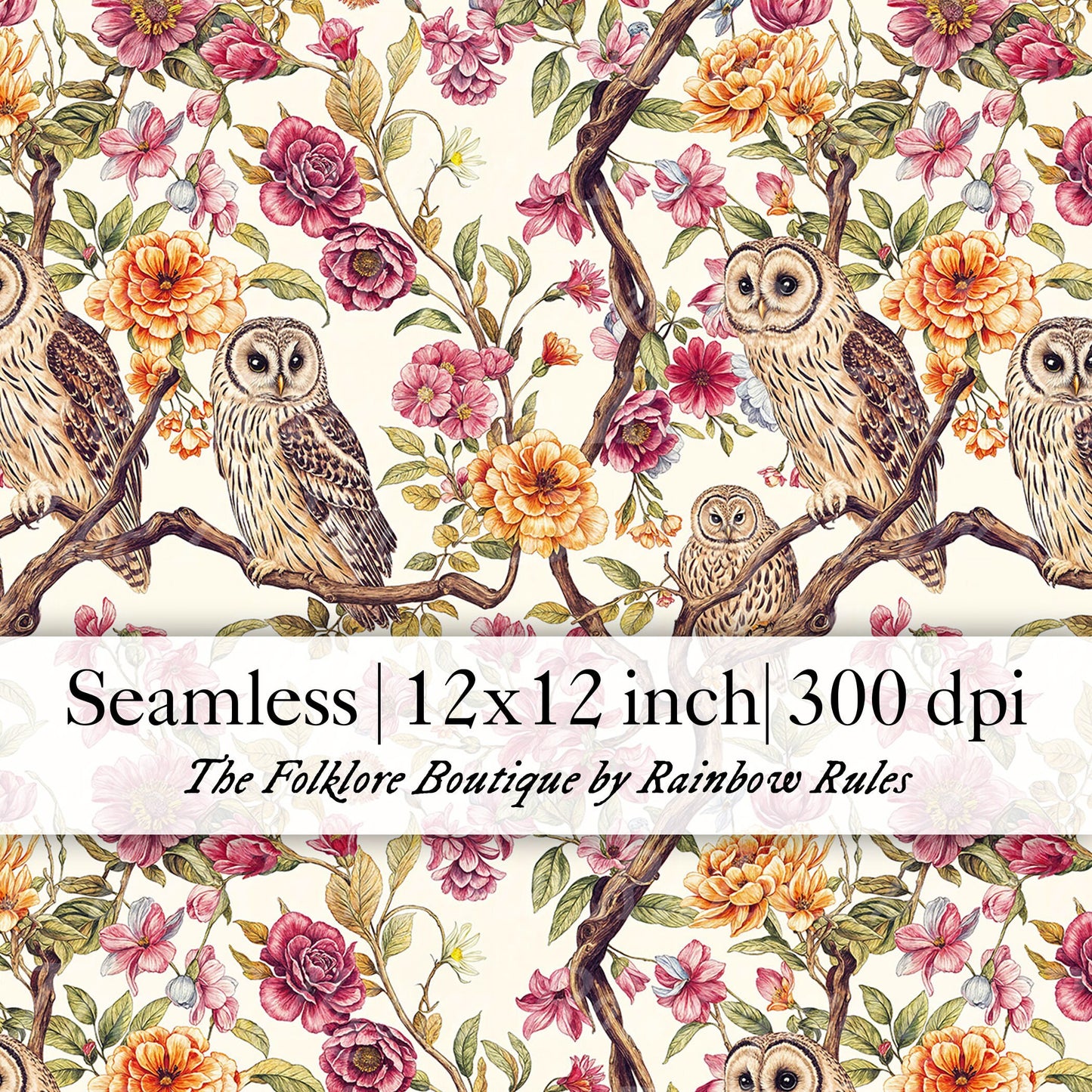 Pink Floral Owls - Digital Seamless Pattern