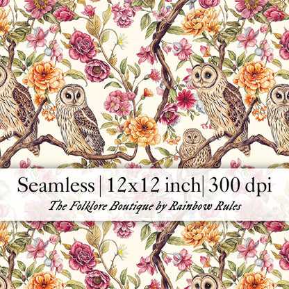 Pink Floral Owls - Digital Seamless Pattern