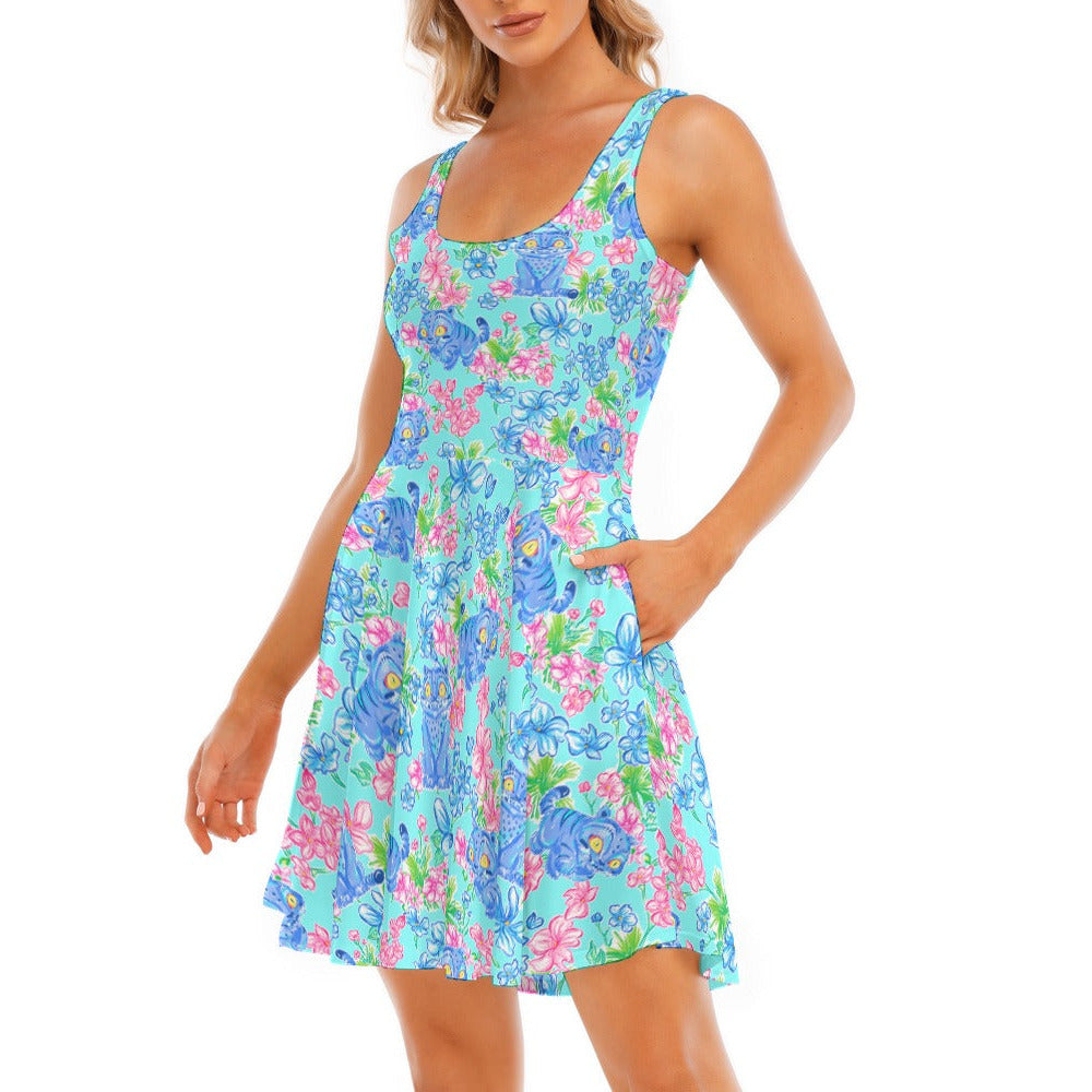 Derpy Tiger Blooms - Women's Sleeveless Pocket Skater Dress