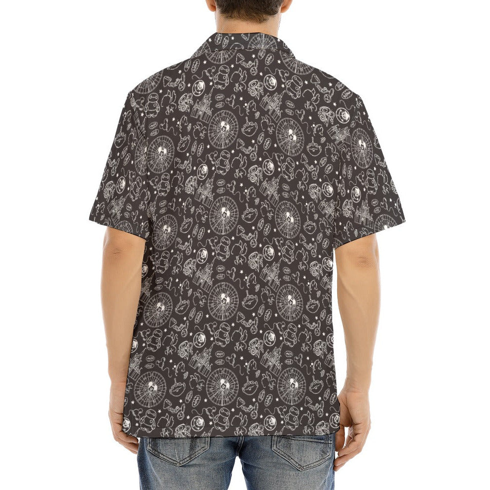 Monochrome Theme Park Icons - Men's Hawaiian Button Up Shirt