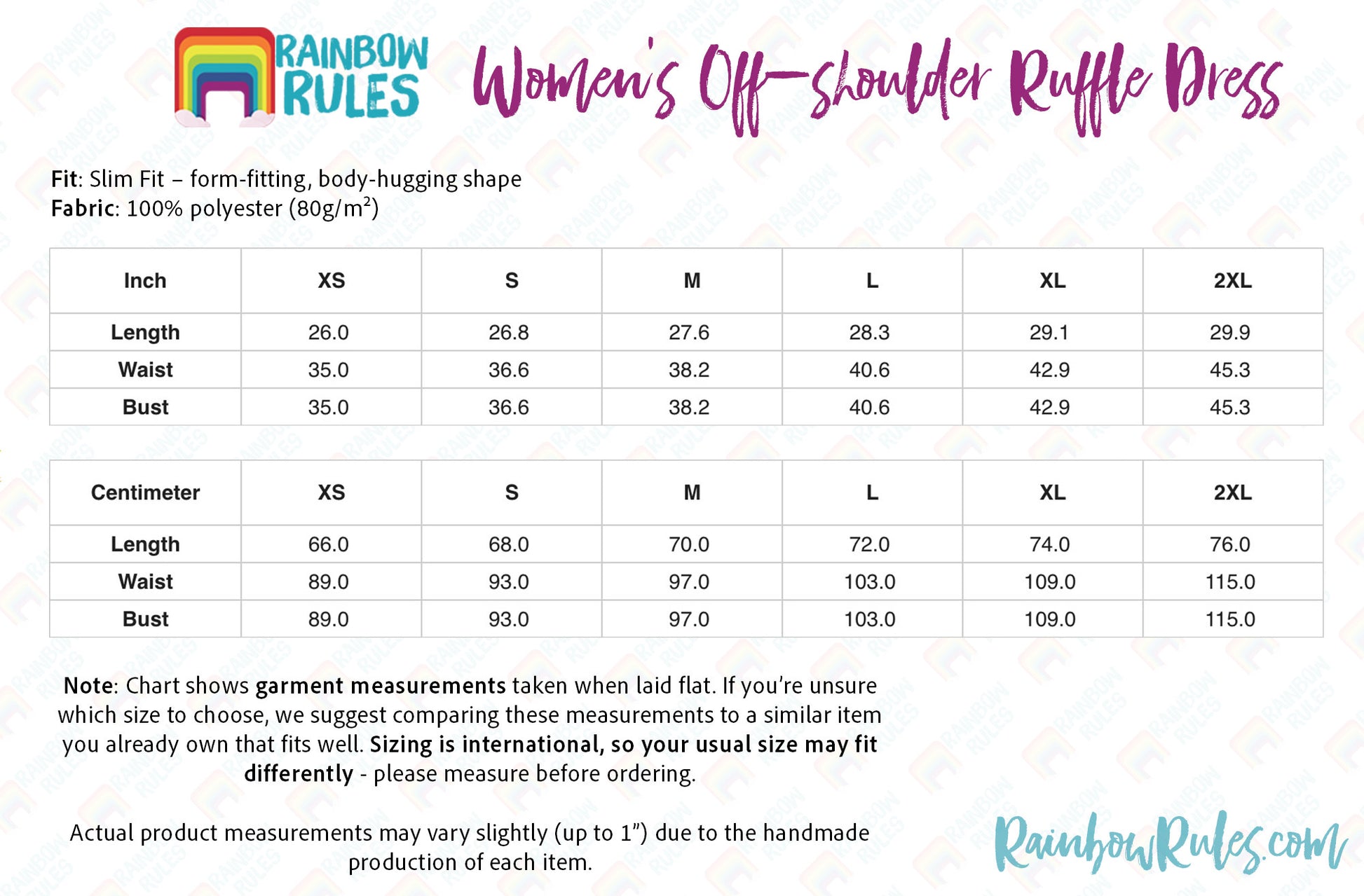 a women's size guide for the rainbow rules