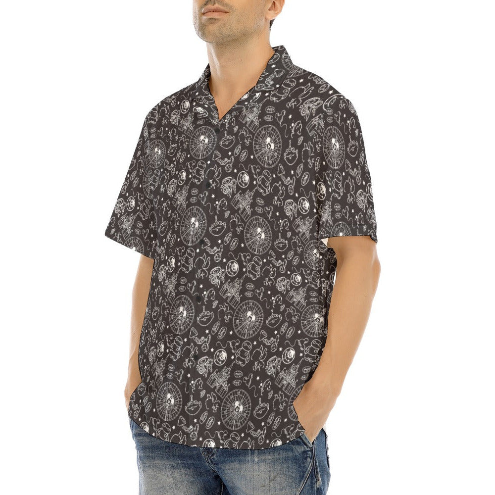 Monochrome Theme Park Icons - Men's Hawaiian Button Up Shirt
