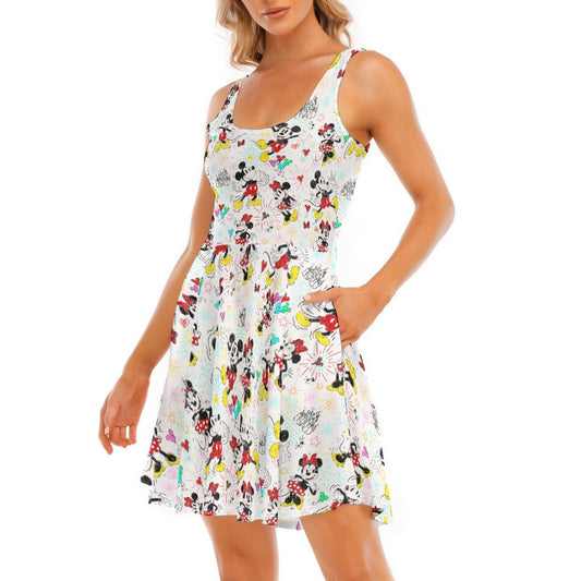 Doodle Mouse Magic - Women's Sleeveless Pocket Skater Dress