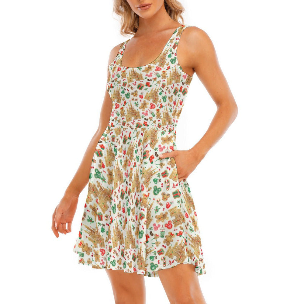 Gingerbread Castle Holiday Treats - Women's Sleeveless Pocket Skater Dress