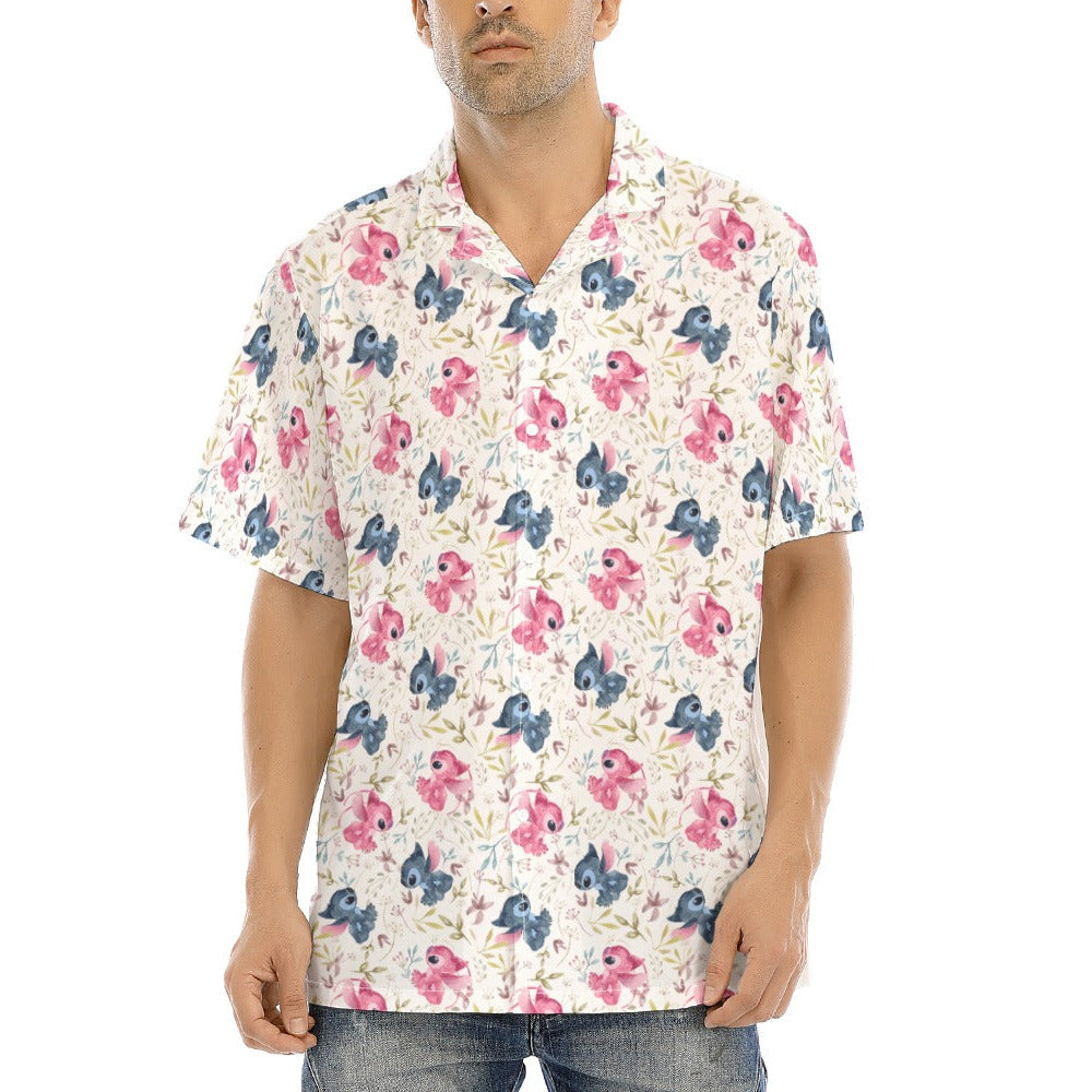 Blue Alien & Pink Friend Love - Men's Hawaiian Button Up Shirt