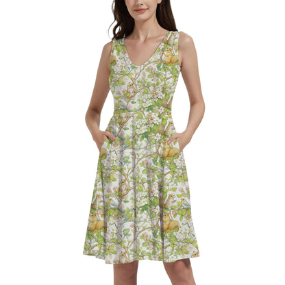 a woman wearing a dress with flowers on it