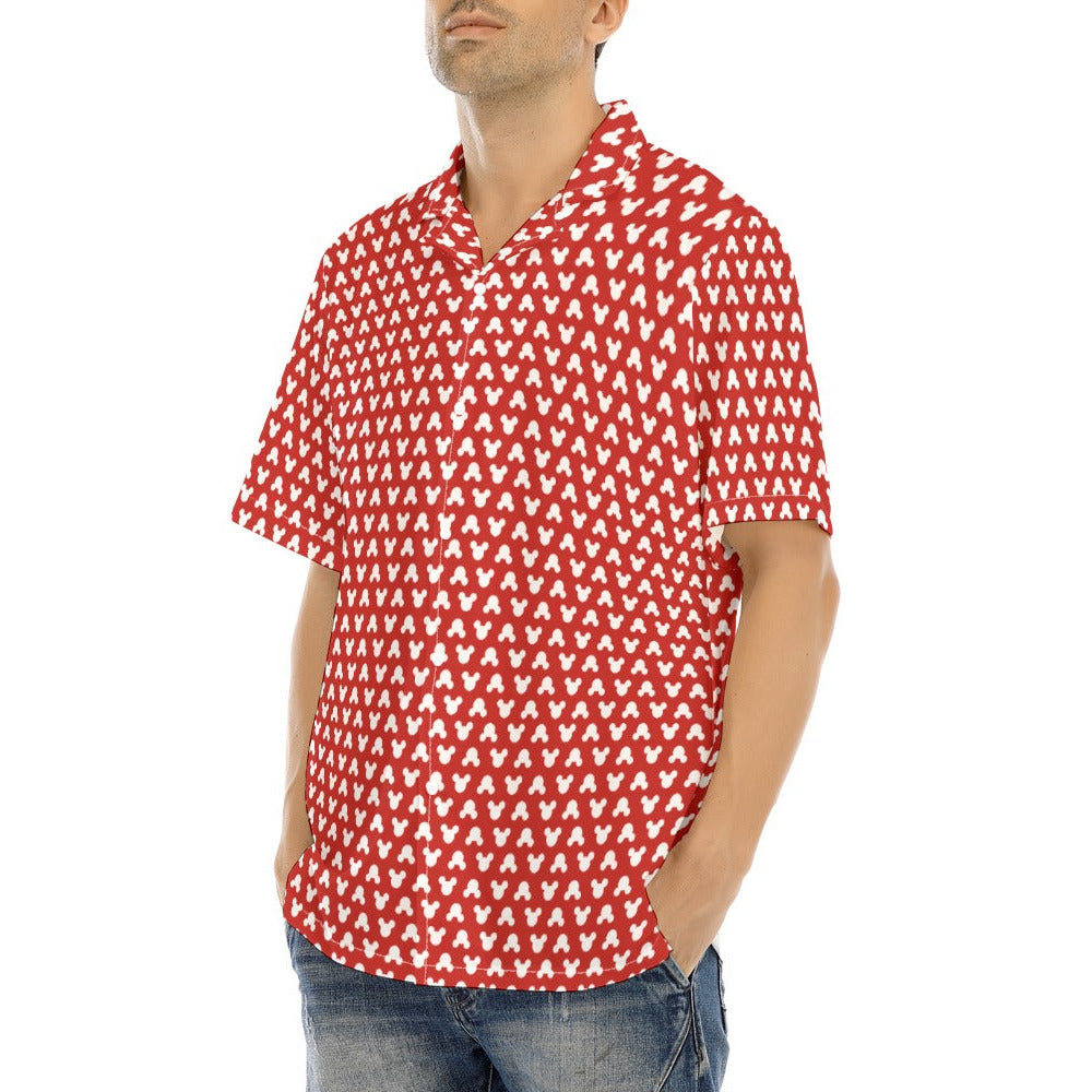 Playful Polka Dot Ears Red - Men's Hawaiian Button Up Shirt