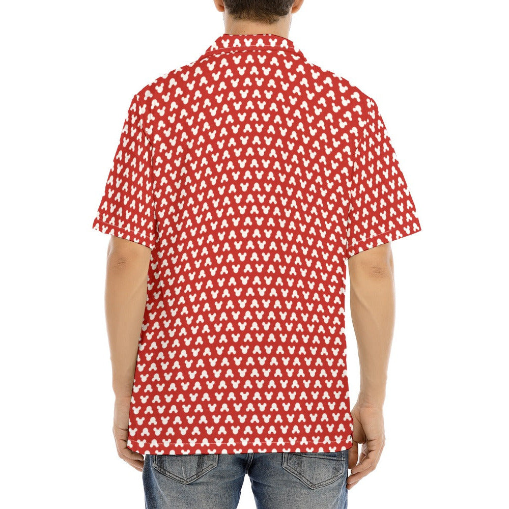 Playful Polka Dot Ears Red - Men's Hawaiian Button Up Shirt