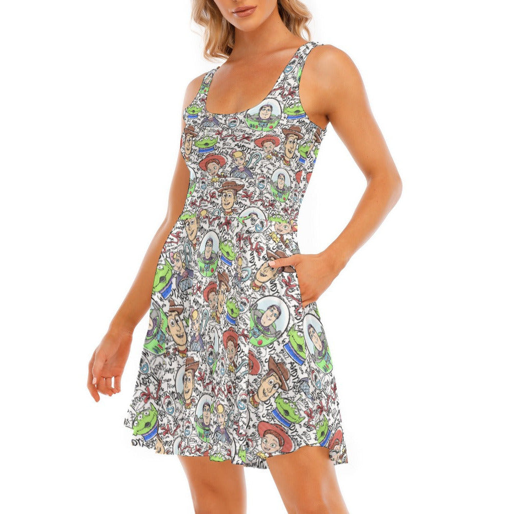 Sketch Autographs of Animated Toy Friends - Women's Sleeveless Pocket Skater Dress