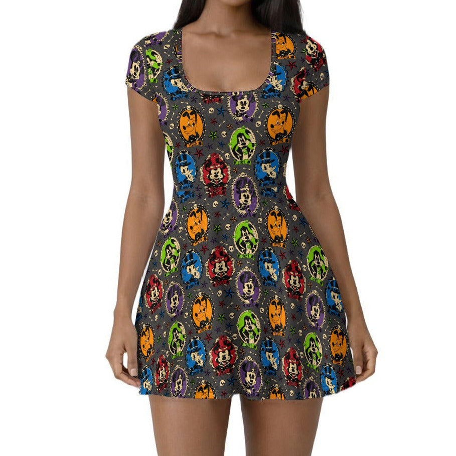 Gothic Halloween Cameos - Women’s Short Sleeve Athletic Skater Dress with Built-In Shorts