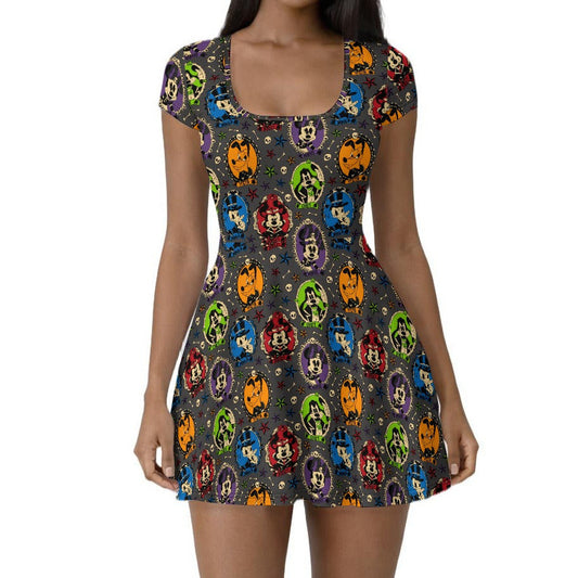 Gothic Halloween Cameos - Women’s Short Sleeve Athletic Skater Dress with Built-In Shorts