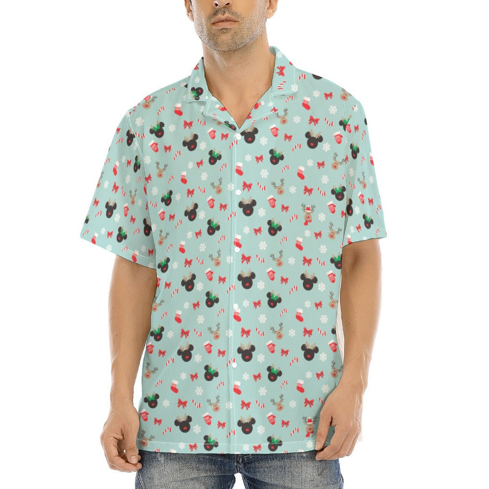 Festive Reindeer Mouse Holiday - Men's Hawaiian Button Up Shirt