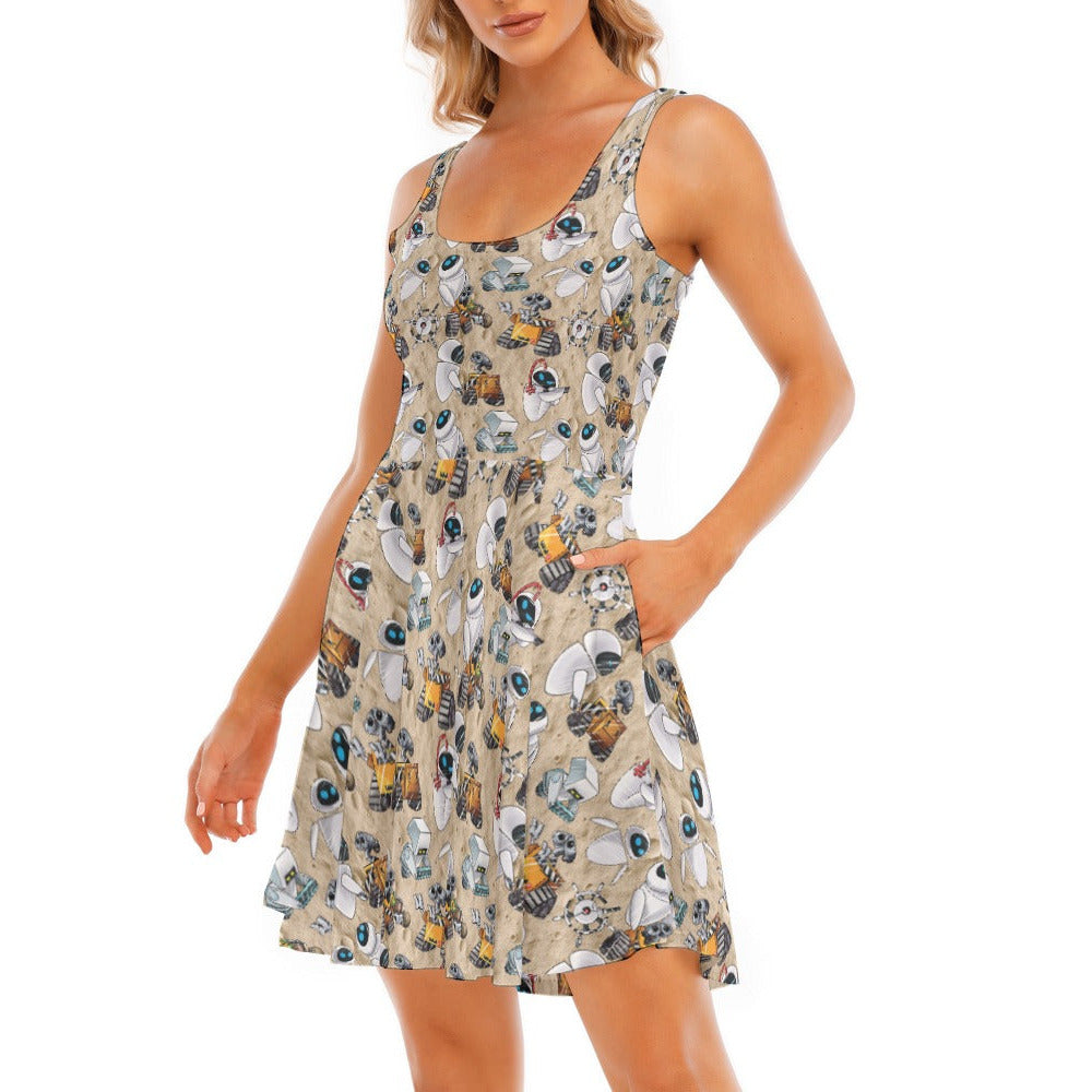 Robot Romance Sketched - Women's Sleeveless Pocket Skater Dress