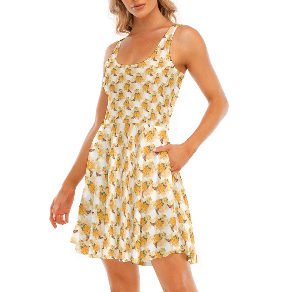 Pumpkin Bear Mischief - Women's Sleeveless Pocket Skater Dress