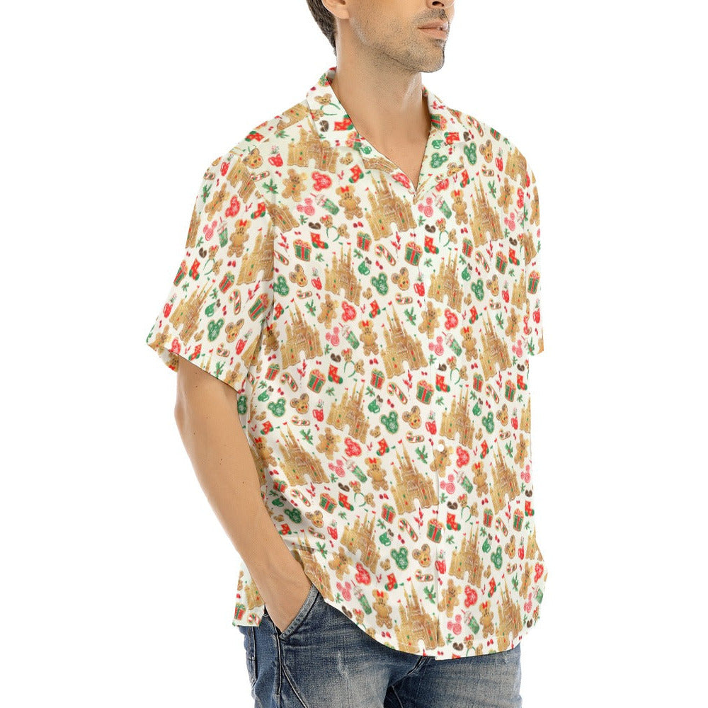 Gingerbread Castle Holiday Treats - Men's Hawaiian Button Up Shirt