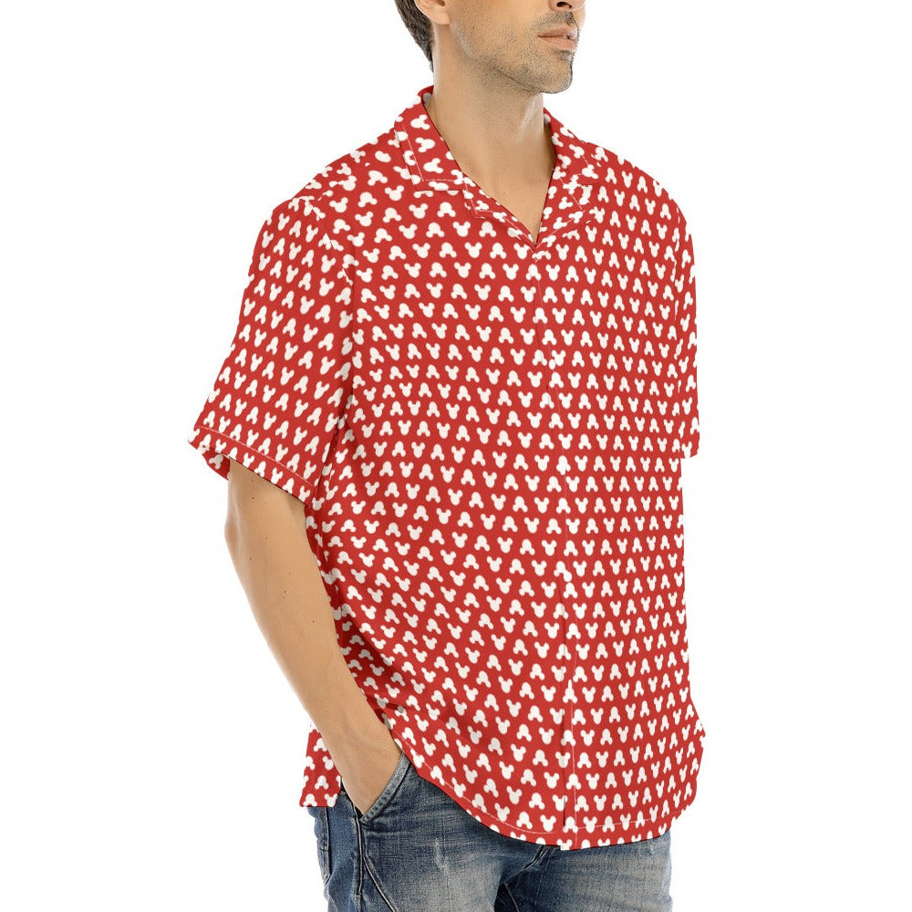 Playful Polka Dot Ears Red - Men's Hawaiian Button Up Shirt