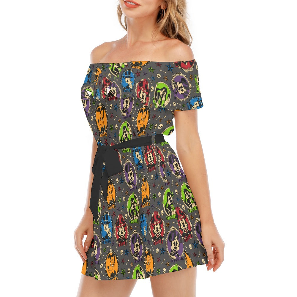Gothic Halloween Cameos - Women's Off-shoulder Ruffle Dress