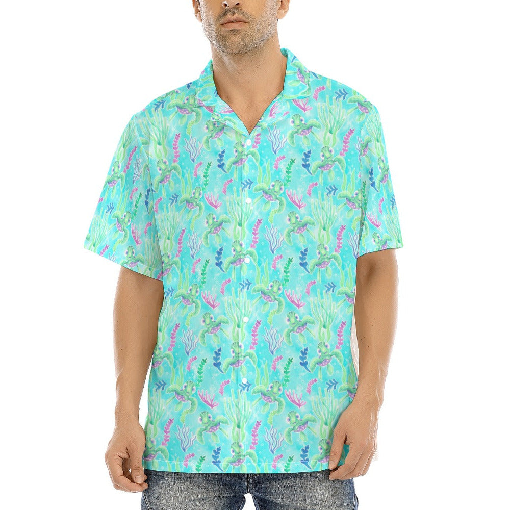 Neon Floral Baby Turtle - Men's Hawaiian Button Up Shirt