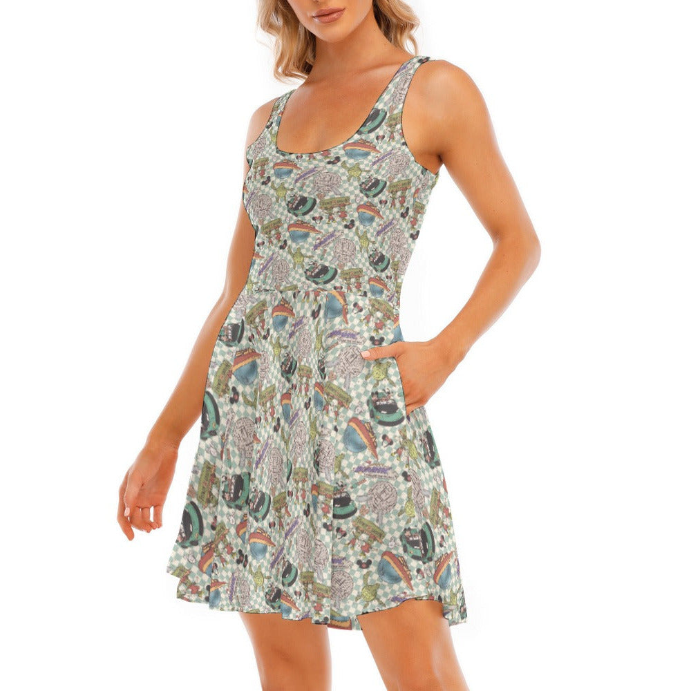 Hand Drawn EC - Women's Sleeveless Pocket Skater Dress