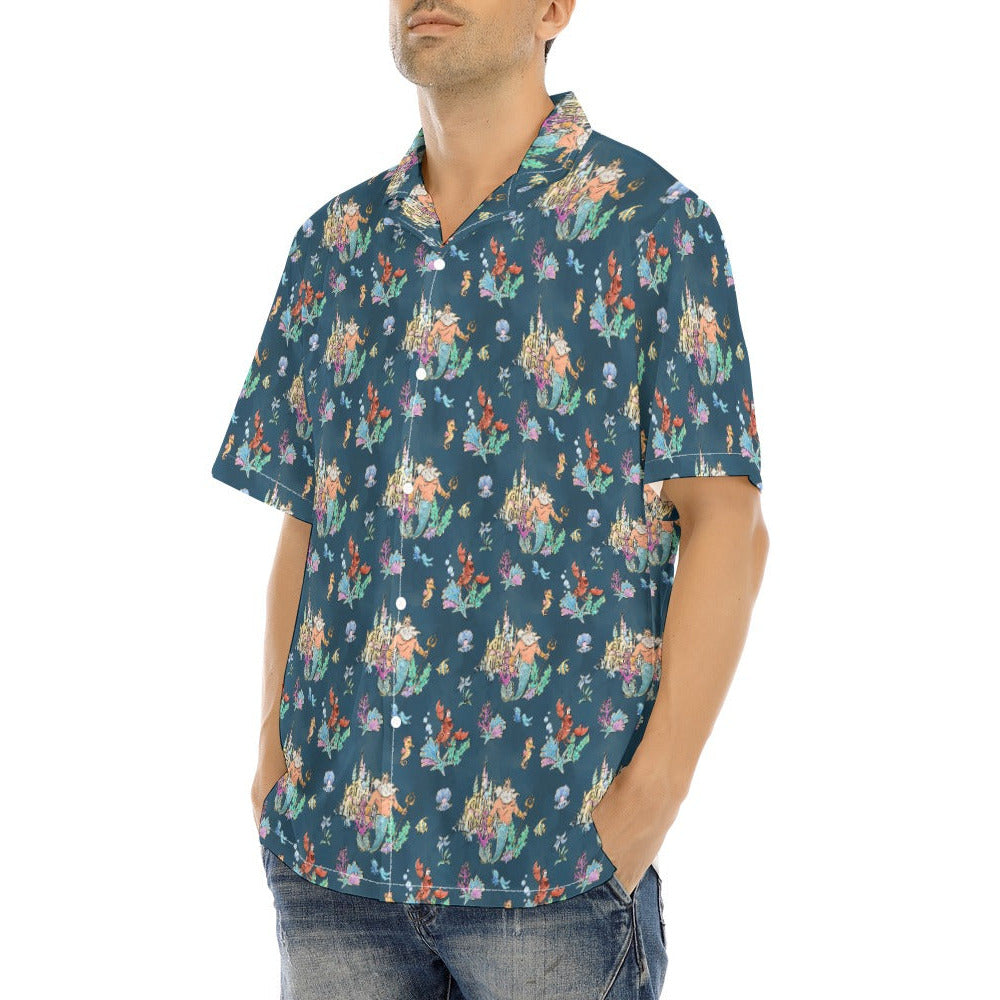 Whimsical Sea King and Crab - Men's Hawaiian Button Up Shirt