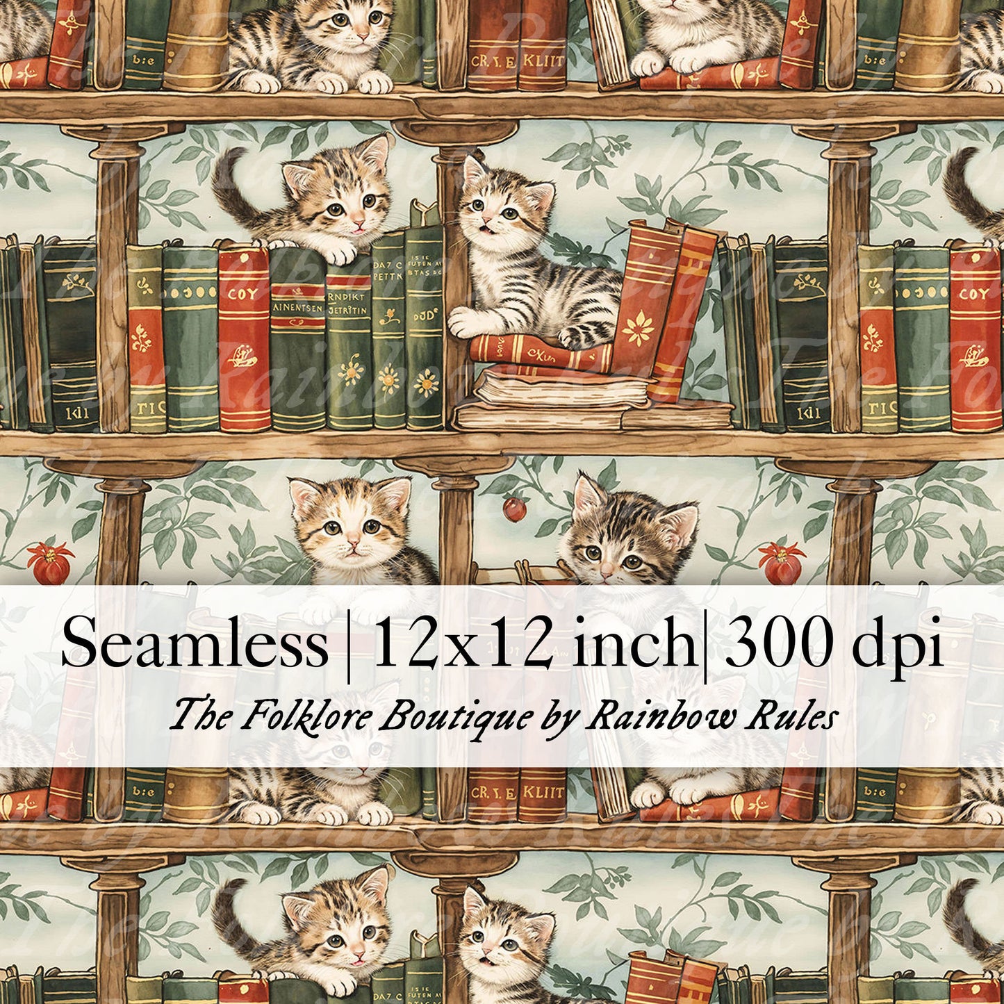 Cute Kittens on Bookshelves - Digital Seamless Pattern