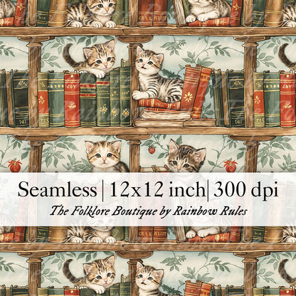 Cute Kittens on Bookshelves - Digital Seamless Pattern