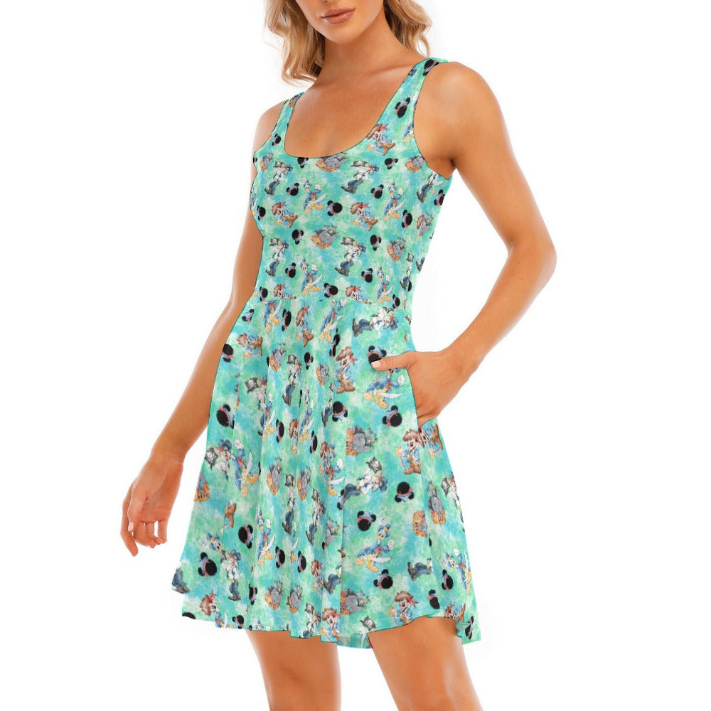 Pirate Crew Watercolor Adventure - Women's Sleeveless Pocket Skater Dress