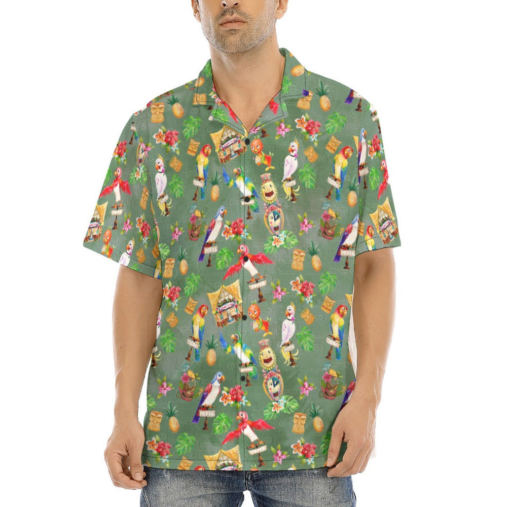 Orange Bird & Tiki Friends - Men's Hawaiian Button Up Shirt