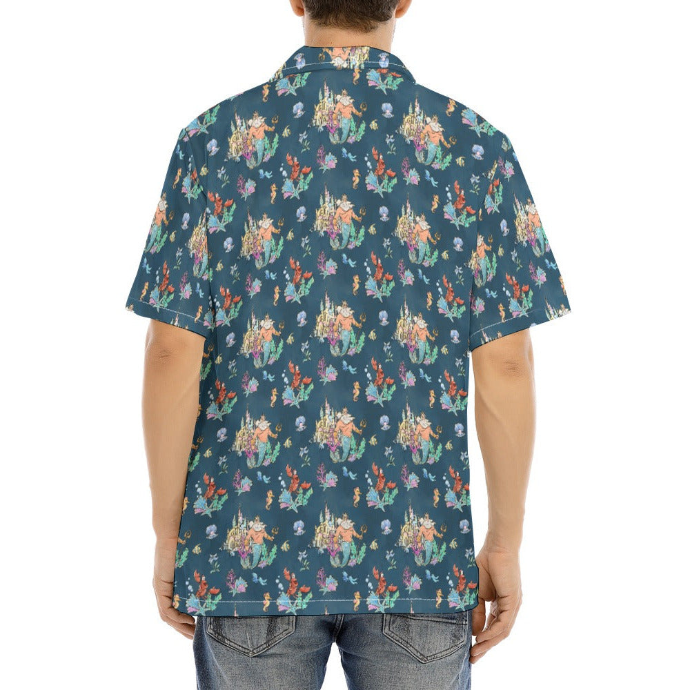 Whimsical Sea King and Crab - Men's Hawaiian Button Up Shirt
