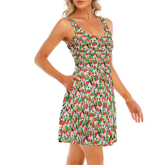 Mouse Friends in Santa Hats - Women's Sleeveless Pocket Skater Dress