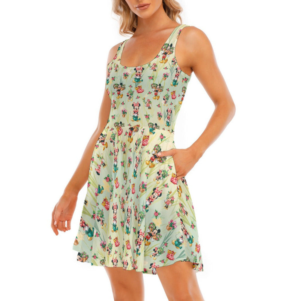Garden Mouse Helpers at Work - Women's Sleeveless Pocket Skater Dress