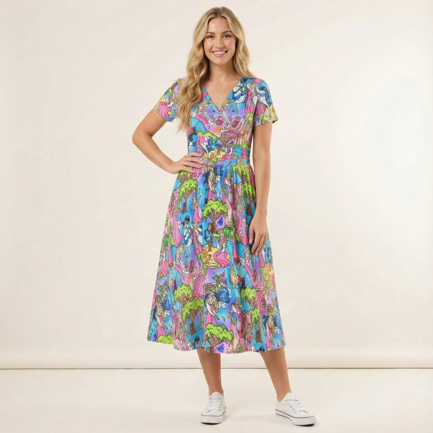 Dreaming Princess Storybook Scenes - Women's V-Neck Ruched Midi Dress