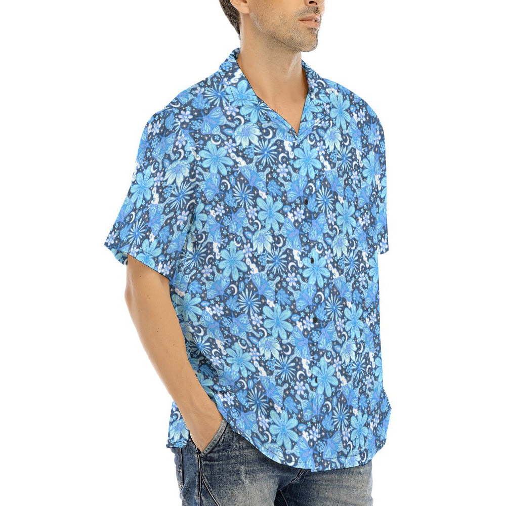 Blue Crystal Moths - Men's Hawaiian Button Up Shirt