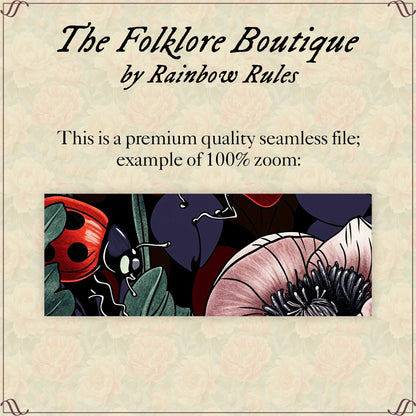 Vintage Dark Floral Poppy Ladybirds - Digital Seamless Pattern