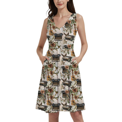 Vintage Typewriters, Guitars, & Florals - Digital Seamless Pattern