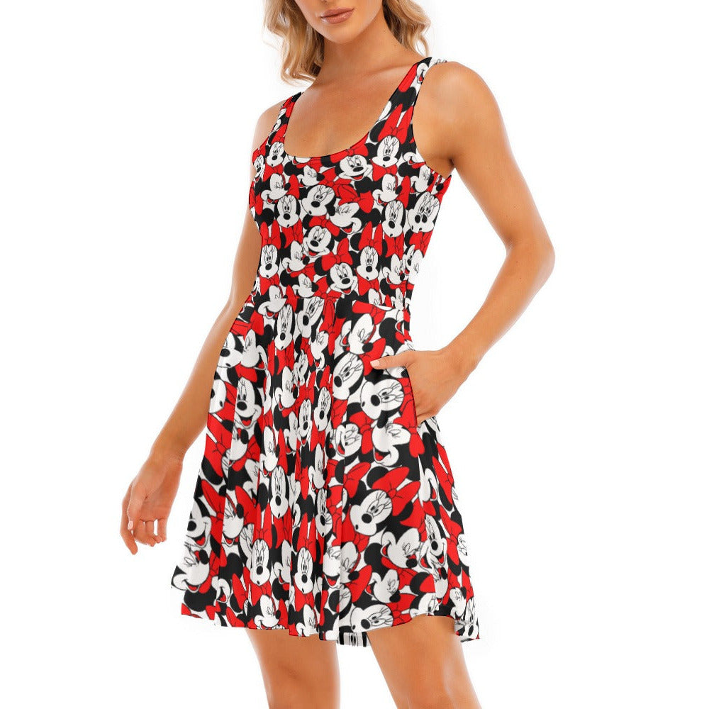 Many Faces of Polka Dot Mouse - Women's Sleeveless Pocket Skater Dress