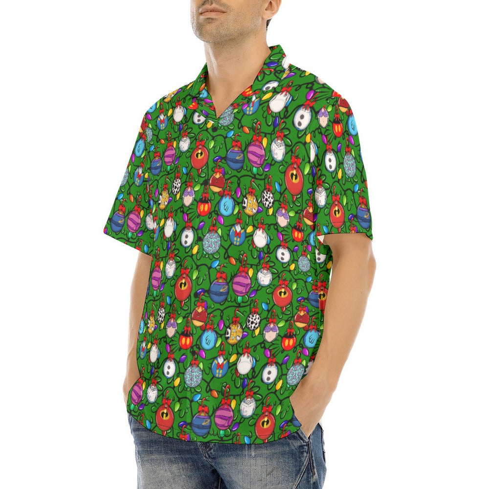 Festive Character Baubles on Green - Men's Hawaiian Button Up Shirt