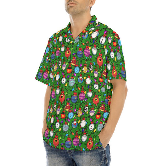 Festive Character Baubles on Green - Men's Hawaiian Button Up Shirt