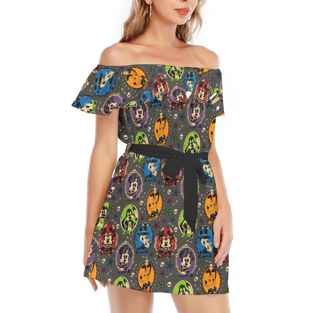 Gothic Halloween Cameos - Women's Off-shoulder Ruffle Dress