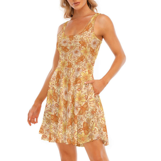 Orange Crystal Moths - Women's Sleeveless Pocket Skater Dress