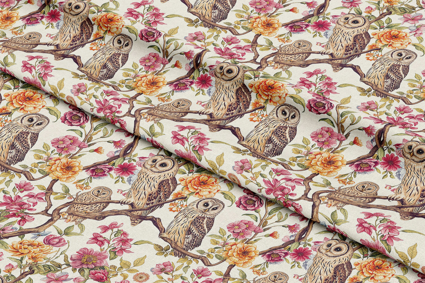 Pink Floral Owls - Digital Seamless Pattern